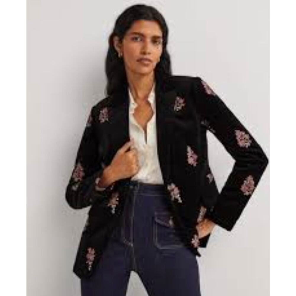 Boden Embroidered Velvet Blazer Black Floral 6 NWT Statement Jack - Picture 2 of 9